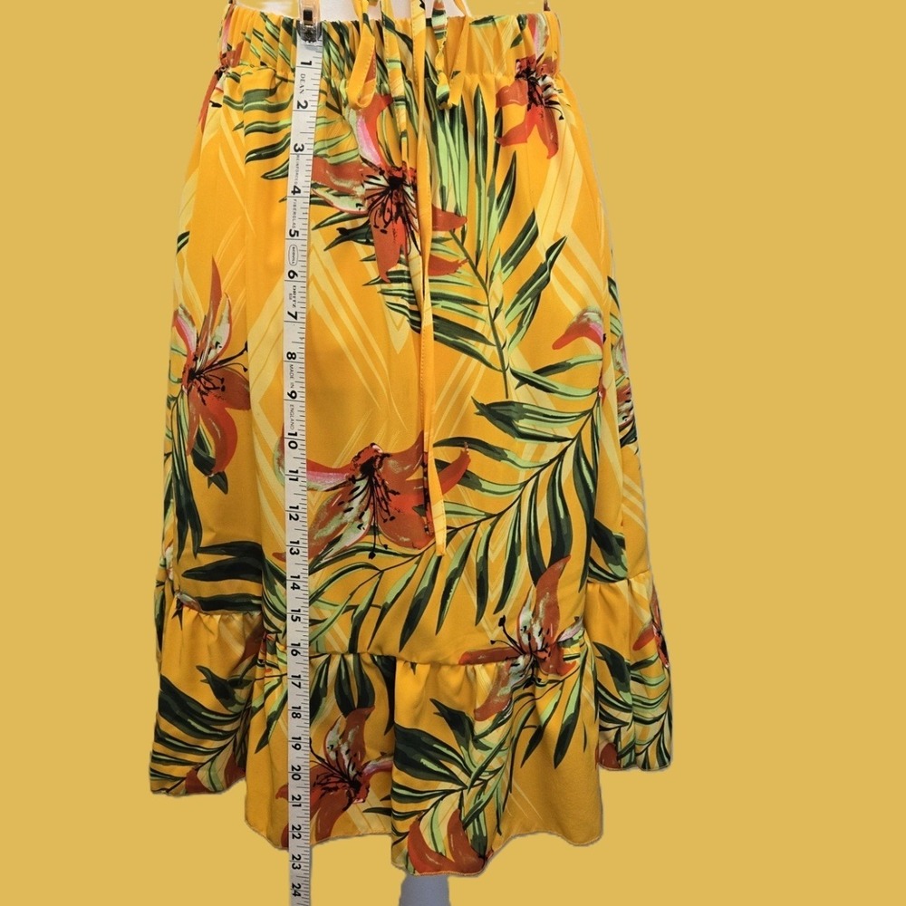 Yellow Floral Halter Dress Tropical Print Open Back Ruffle Bottom - Picture 5 of 9